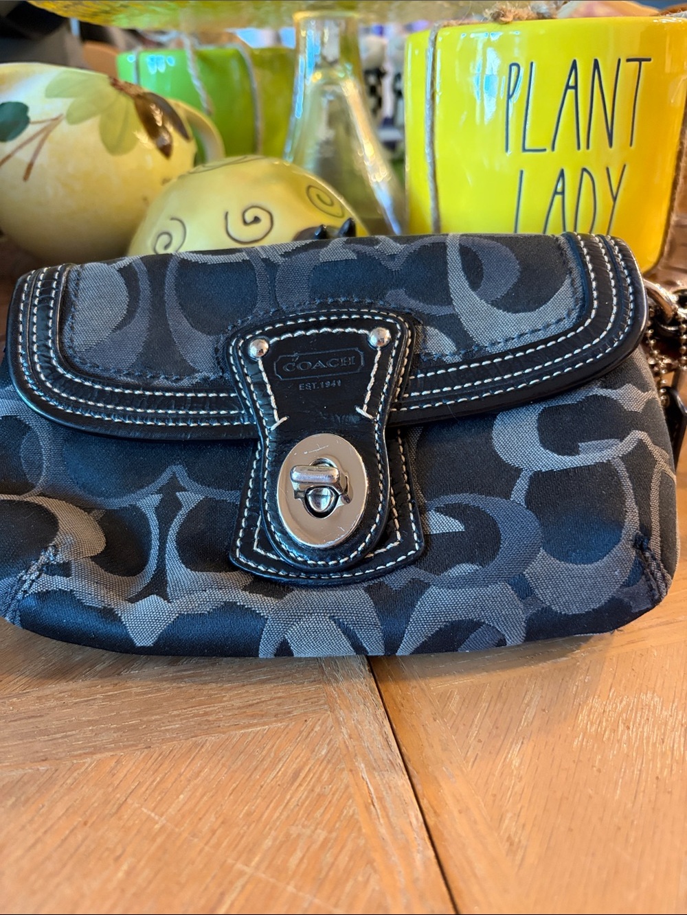 Coach Black & Gray Signature Canvas Wristlet with Turn-Lock